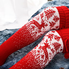 Christmas Elk Thigh High Socks - Pompom Decor - Women's Stockings