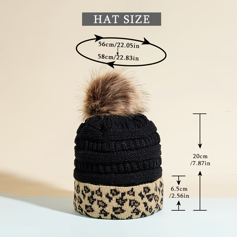Leopard Fur Ball Beanie Women's Knitted Warm Hat Woolen Hat