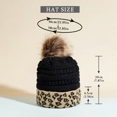 Leopard Fur Ball Beanie Women's Knitted Warm Hat Woolen Hat