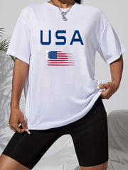 Letter & Flags Print Casual T-shirt Crew Neck Short Sleeve Tee