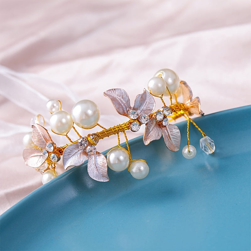 Adjustable Faux Pearl & Leaf Decor Bracelet for Bridal Wedding Parties