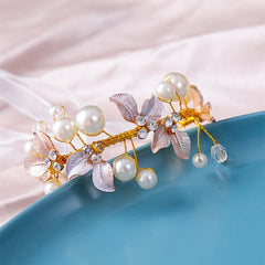 Adjustable Faux Pearl & Leaf Decor Bracelet for Bridal Wedding Parties
