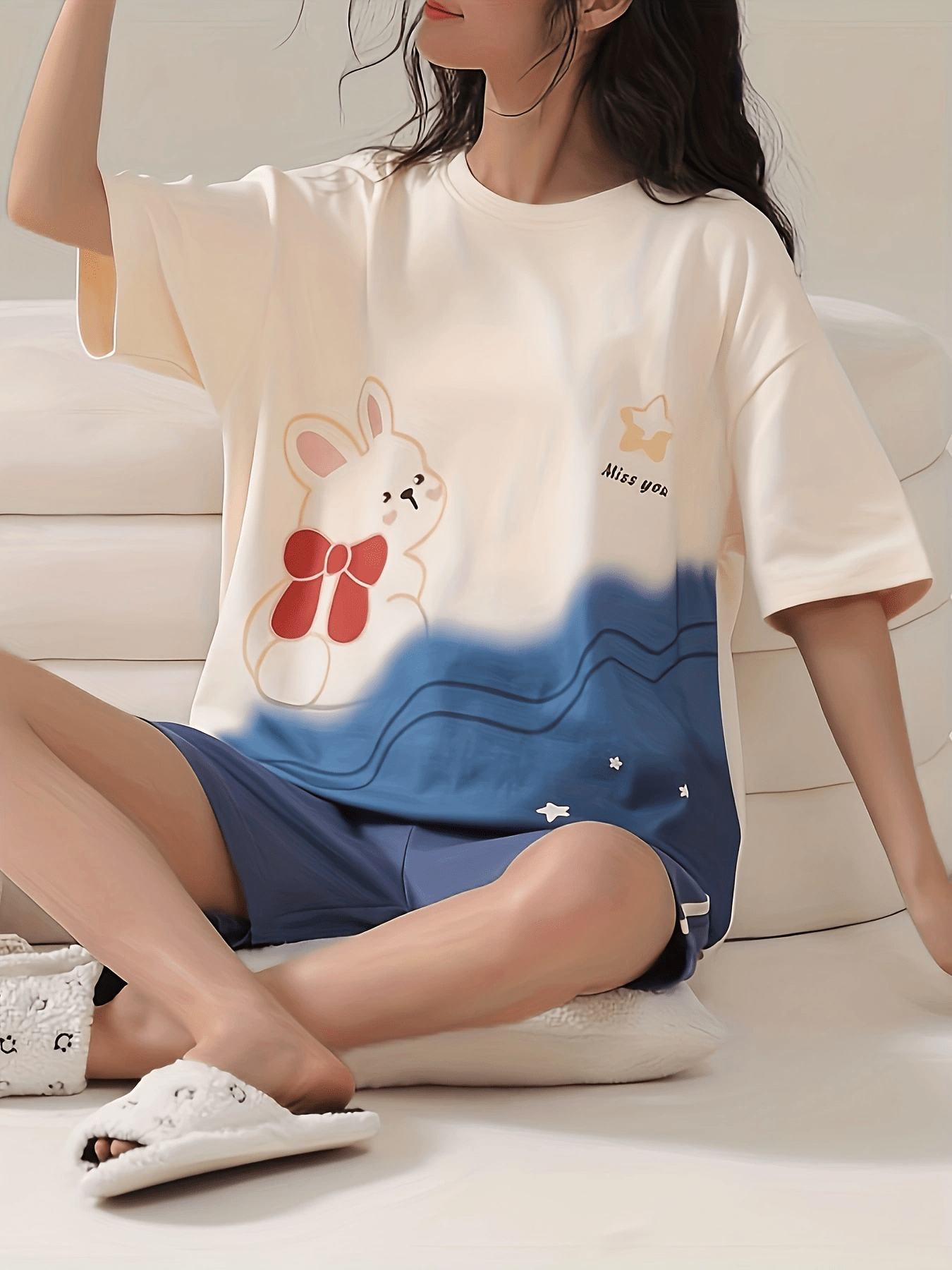 Bunny Print Pajamas Set Short Sleeve Top & Shorts Women's Sleepwear