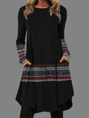 Striped Long Sleeve Round Neck Dress With Pockets