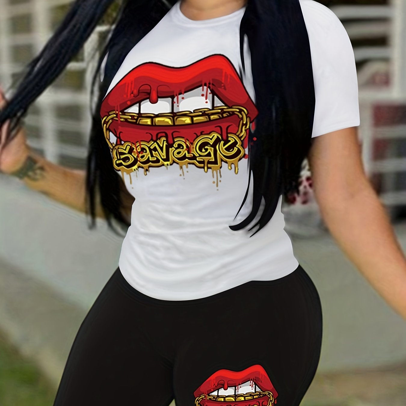 Lips Print 2pc T Shirt Set Short Sleeve Tee & Shorts Casual Outfit
