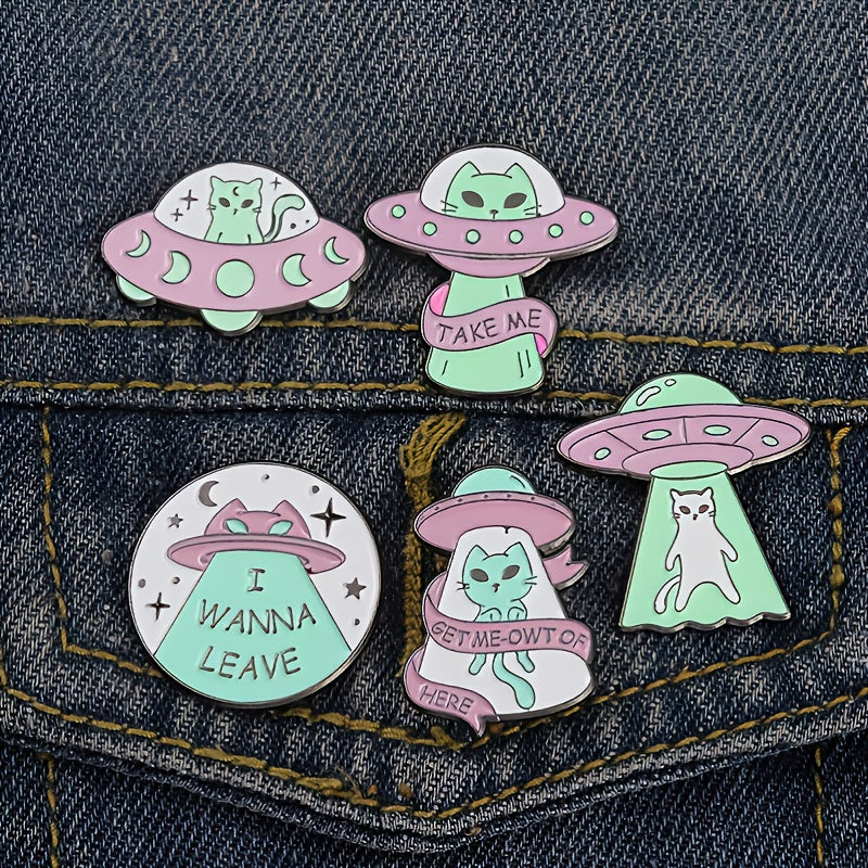 5pcs OPRPRYN Men'S Alien Space Brooch Pins - Creative Graffiti Style Badges