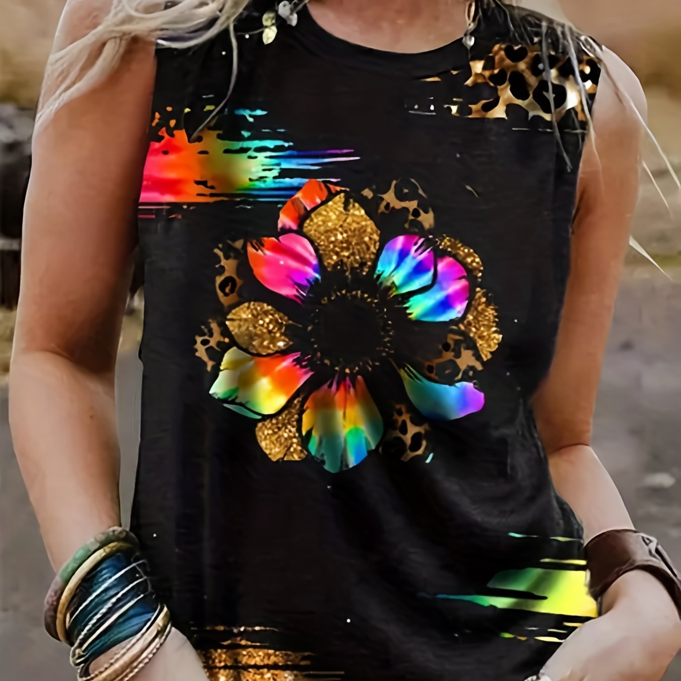 Leopard Sunflower Print Tank Top Vintage Crew Neck Sleeveless Summer Tank Top