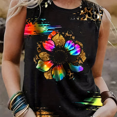 Leopard Sunflower Print Tank Top Vintage Crew Neck Sleeveless Summer Tank Top