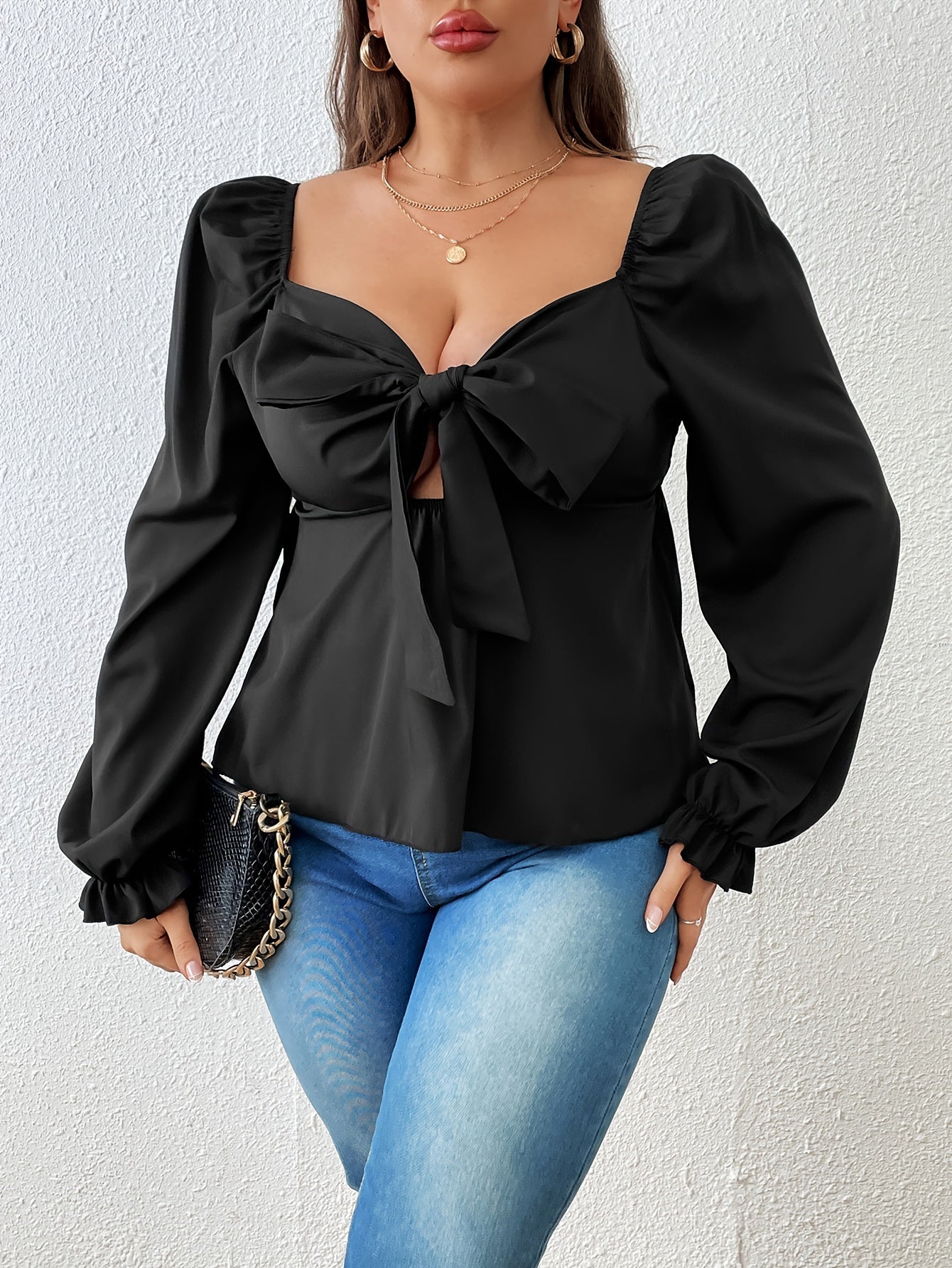 Solid Lantern Sleeve V Neck Knot Cut Out Peplum Top