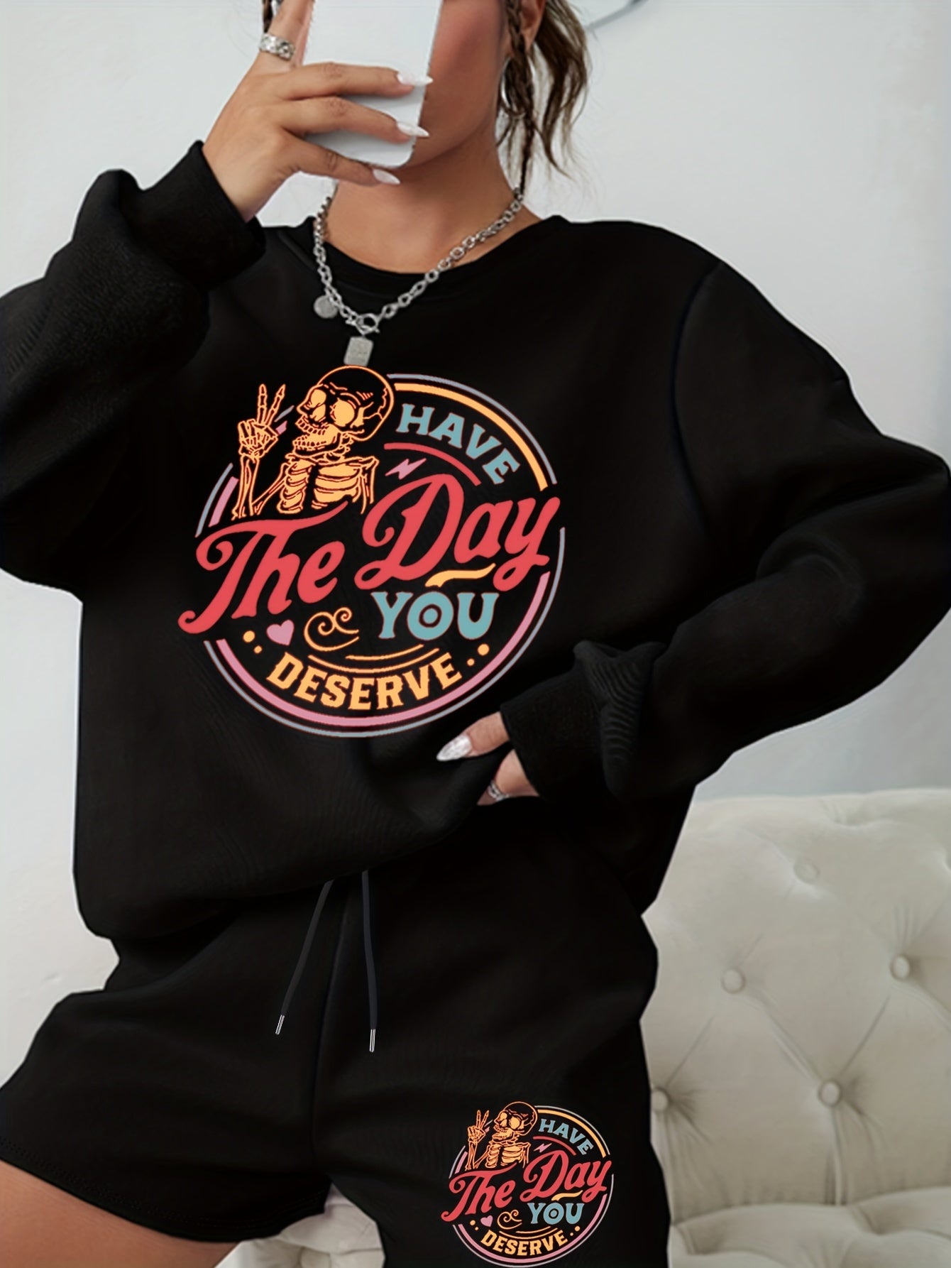Women's Halloween Graphic Sweatshirt & Shorts Set