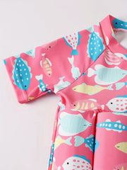 2pcs Baby Girls Fish Print One Piece Swimsuit With Buoyancy & Swimming Cap Set