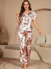 Floral Print Pajama Set Short Sleeve Buttons Top & Elastic Waistband Pants