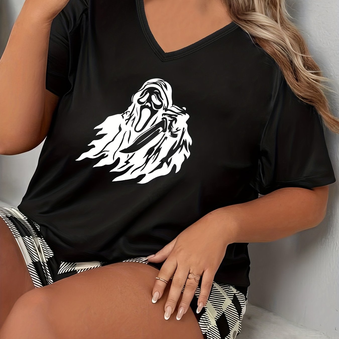 Halloween Ghost Print V Neck Pajama Top