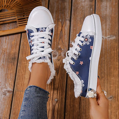 Floral Print Lace Up Canvas Shoes Round Toe Casual Skate Shoes