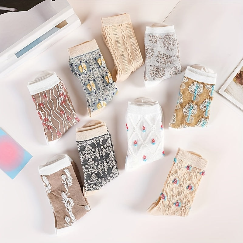 9 Pairs Floral Print Socks Breathable Mid Tube Women's Stockings