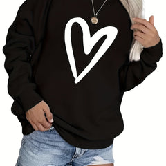 Heart Print Crew Neck Sweatshirt for Women