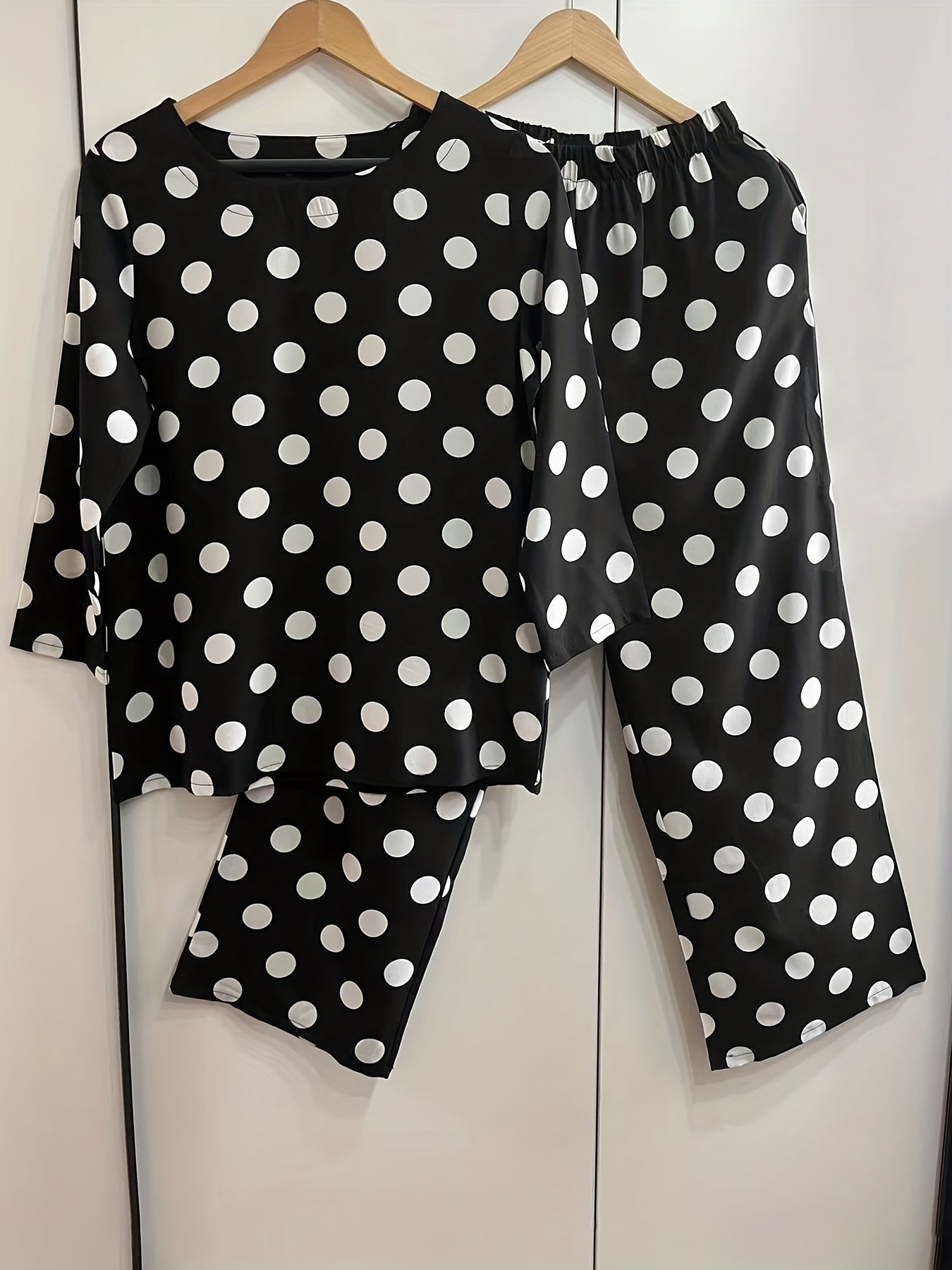 Polka Dot Print Two piece Set Long Sleeve Tops & Wide Leg Pants
