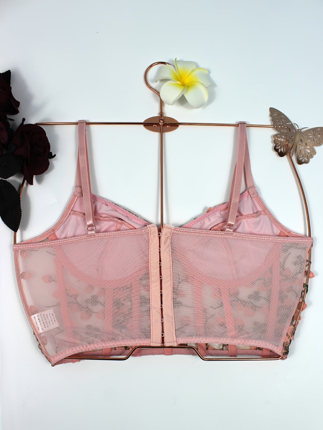 Floral Embroidery Cami Crop Top Hollow Out V Neck Mesh Bustier