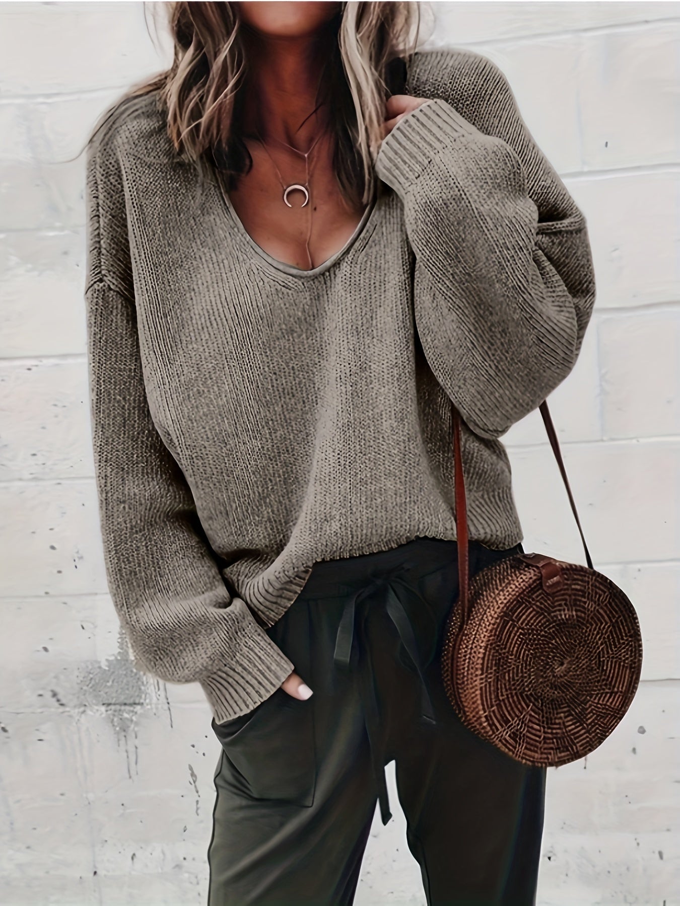 Casual Sweater Women's Plus Solid Long Sleeve V Neck Jumper