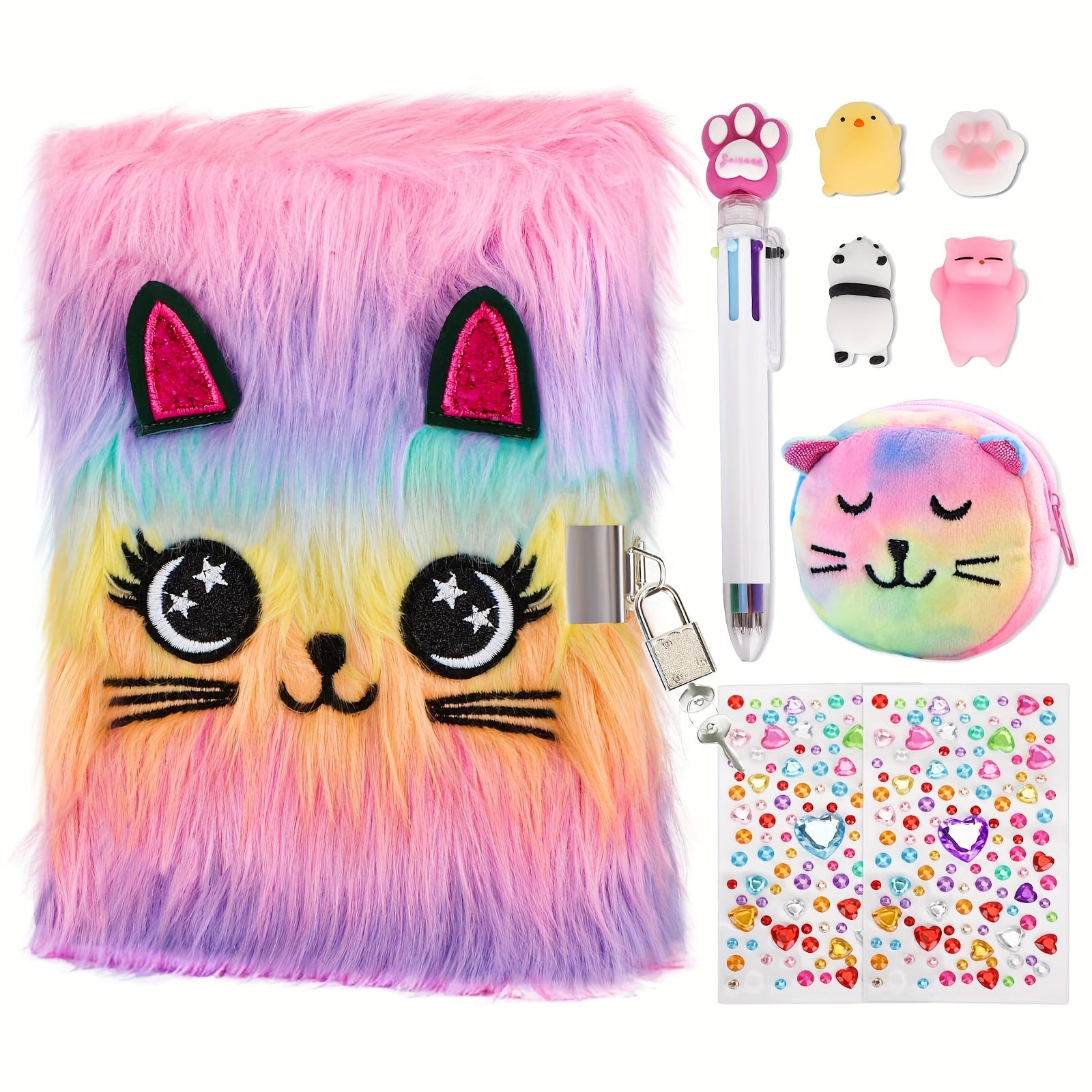 Fluffy Lockable Cat Diary Pastel Pink Plush Notebook for Girls Diary Writing