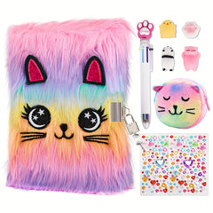 Fluffy Lockable Cat Diary Pastel Pink Plush Notebook for Girls Diary Writing