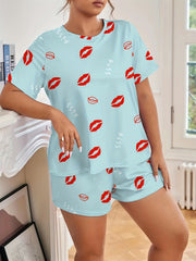 Kiss & Lips Print Tee & Shorts Comfort Loungewear Set
