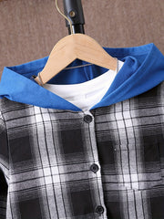 Boy's Plaid Hooded Shirt & Sweatpants Set for Spring Fall