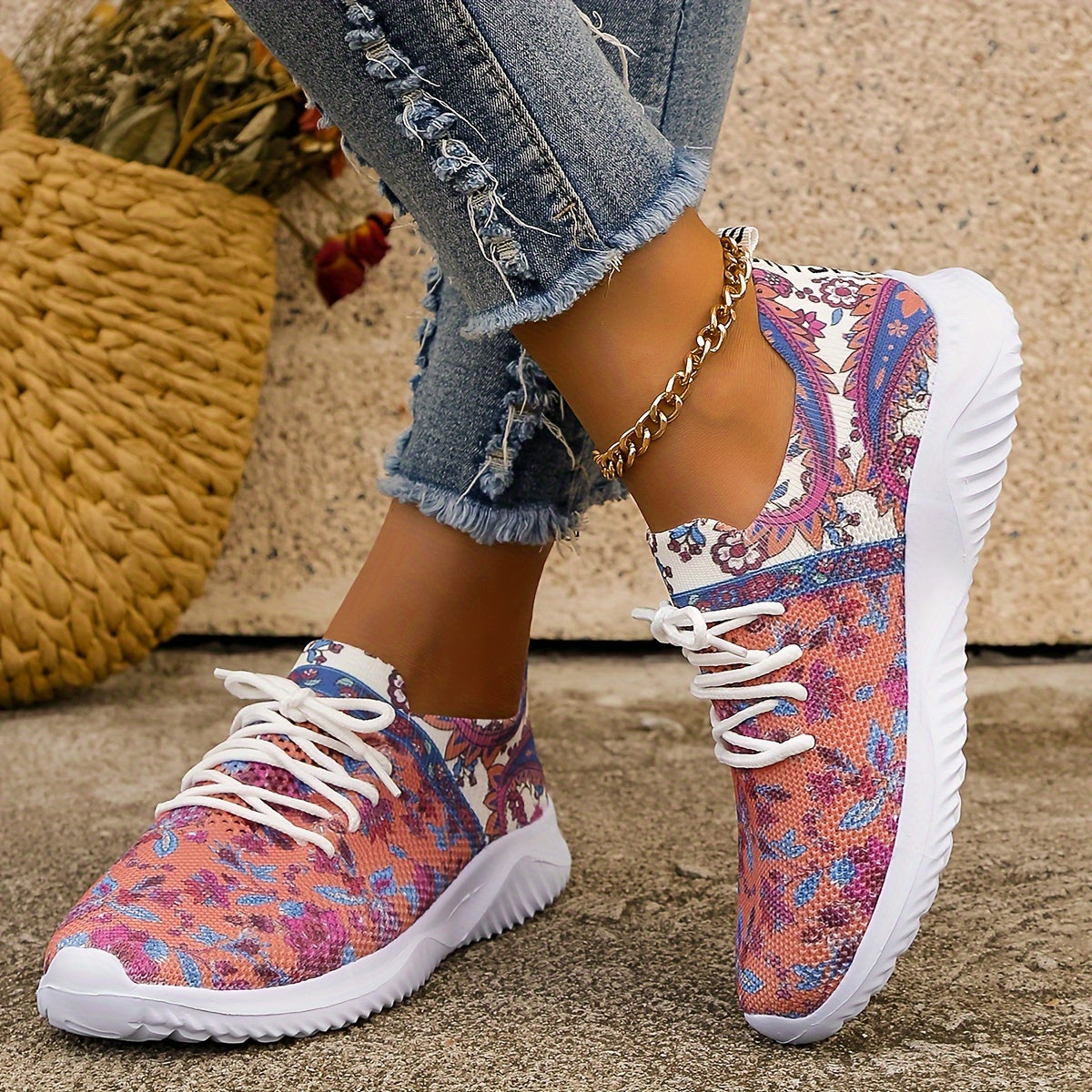 Ethnic Print Mesh Breathable Lightweight Running Shoes