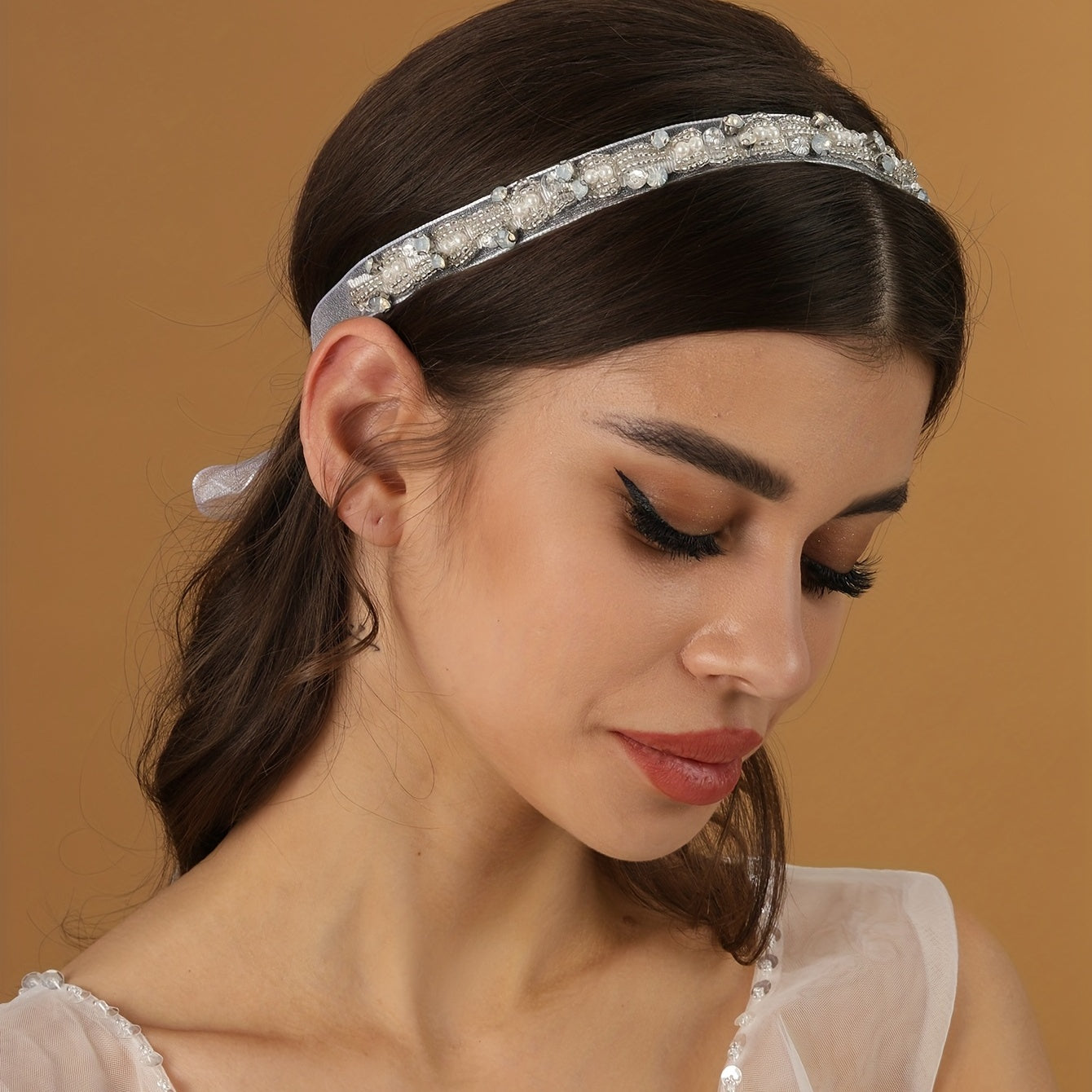 Rhinestone Faux Pearl Headband Crystal Beads Tiara With Ribbon