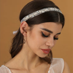 Rhinestone Faux Pearl Headband Crystal Beads Tiara With Ribbon