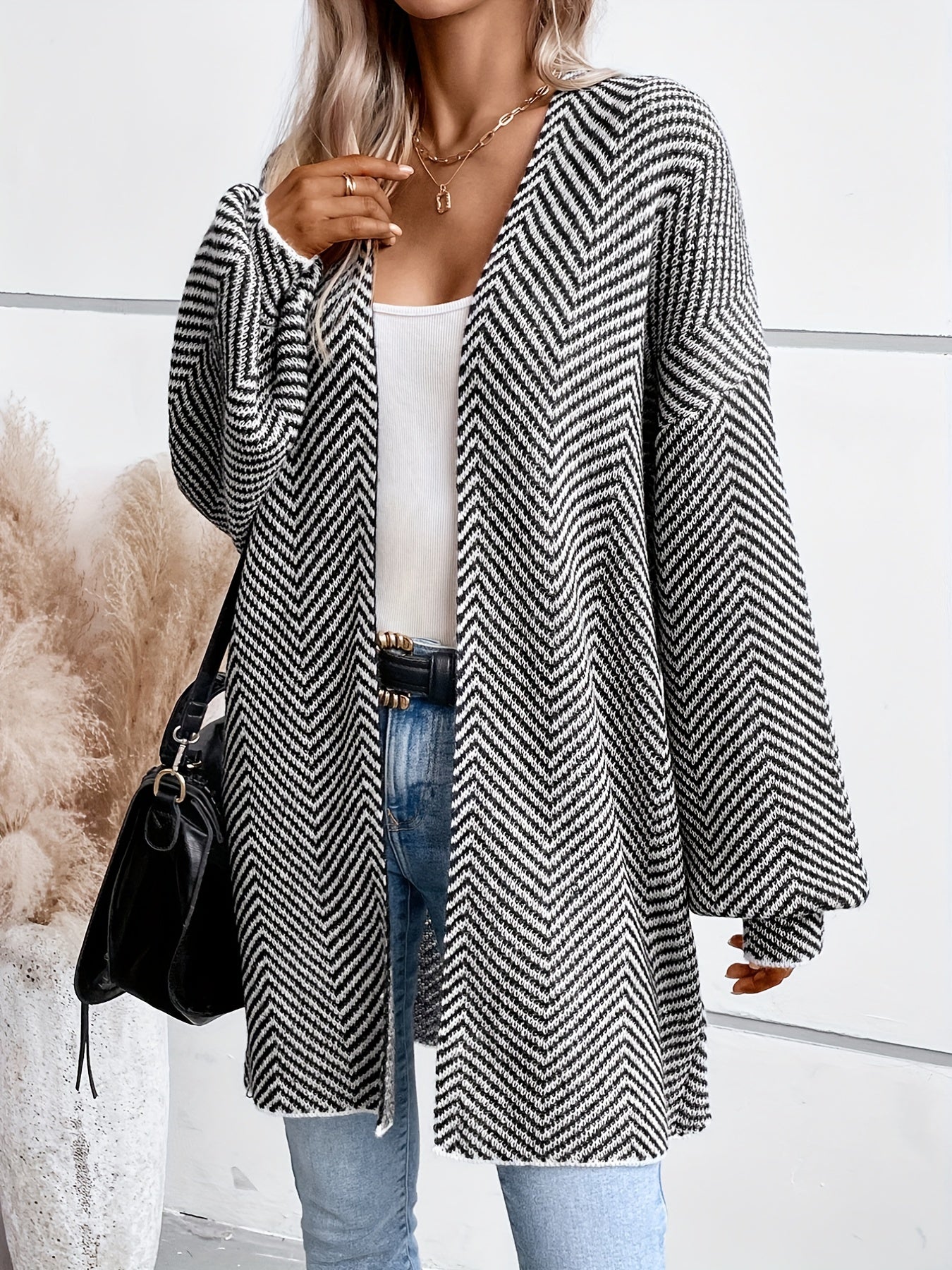 Women's Herringbone Print Open Front Cardigan