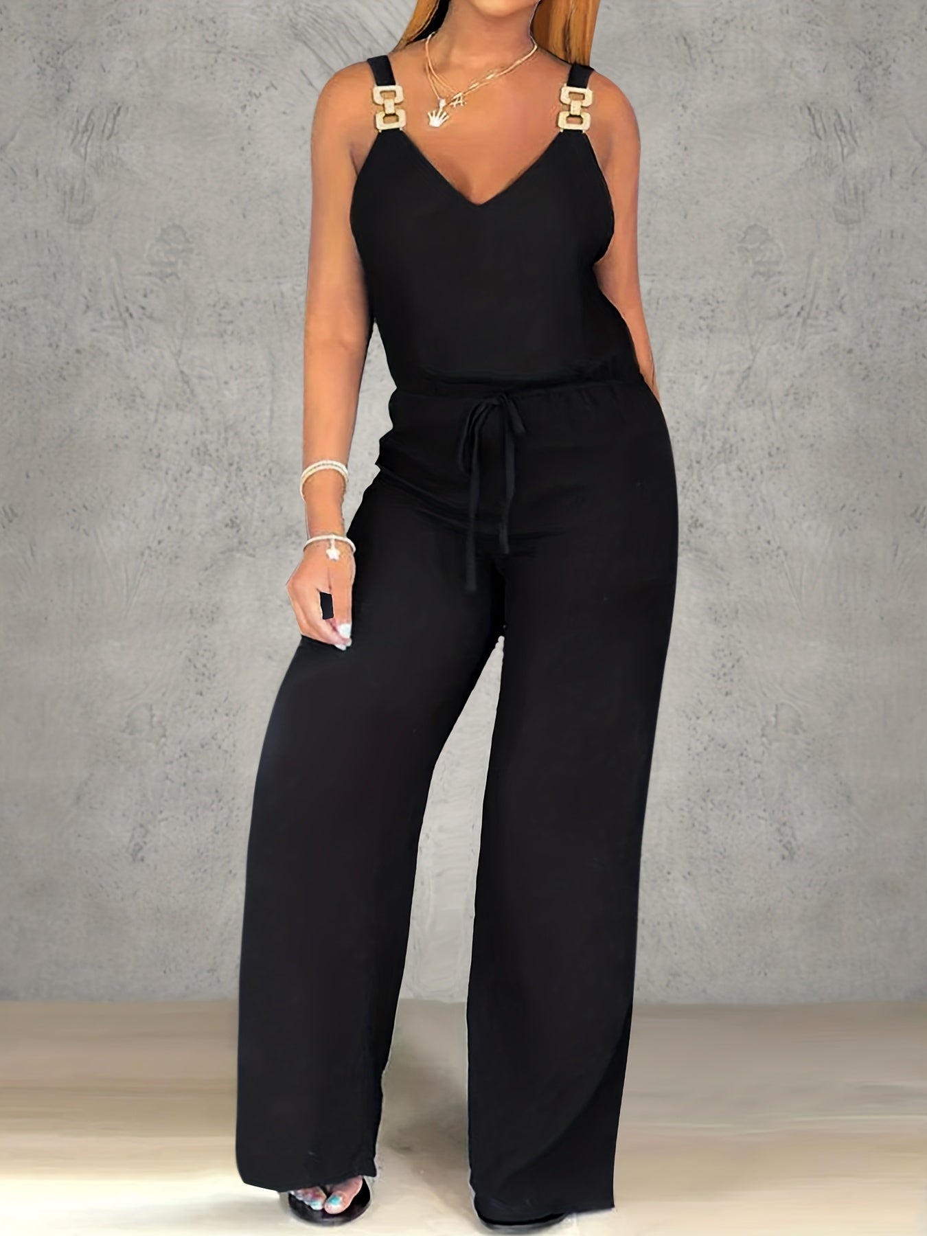 Wide Leg Tank Jumpsuit V Neck Drawstring Waist