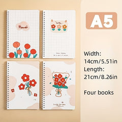 4pcs set Student A5 Coil Book Set Flower Journal Notepad Notebook