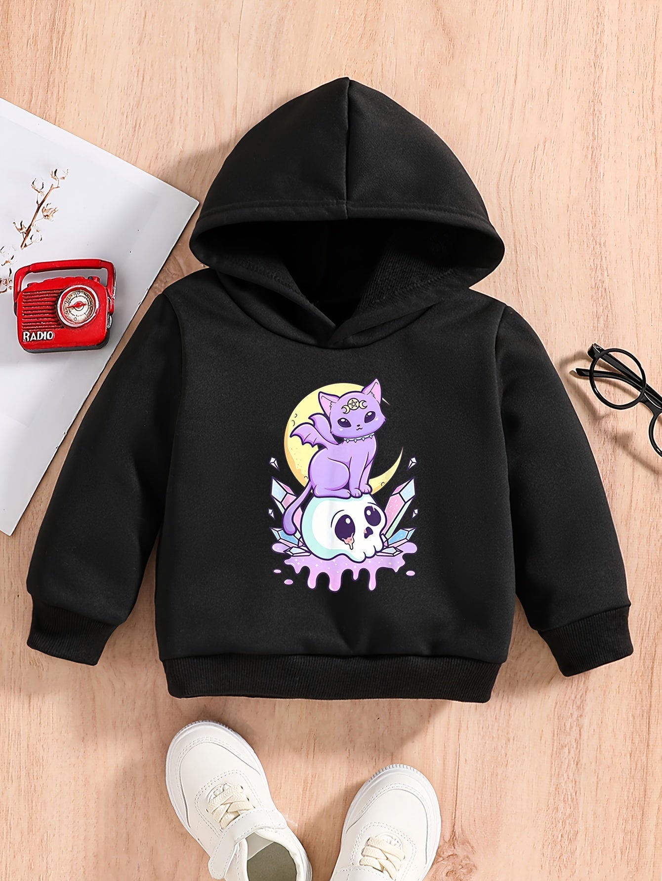 Baby Cartoon Kitty & Skull Halloween Hoodie Kids Pullover
