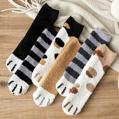 6 Pairs Cat Claw Cotton Socks Winter Home Floor Crew Socks