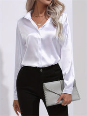 Solid Smoothly Shirt Button Front Turn Down Collar Long Sleeve Shirt