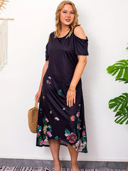 Floral Print Cold Shoulder Short Sleeve Round Neck Dress