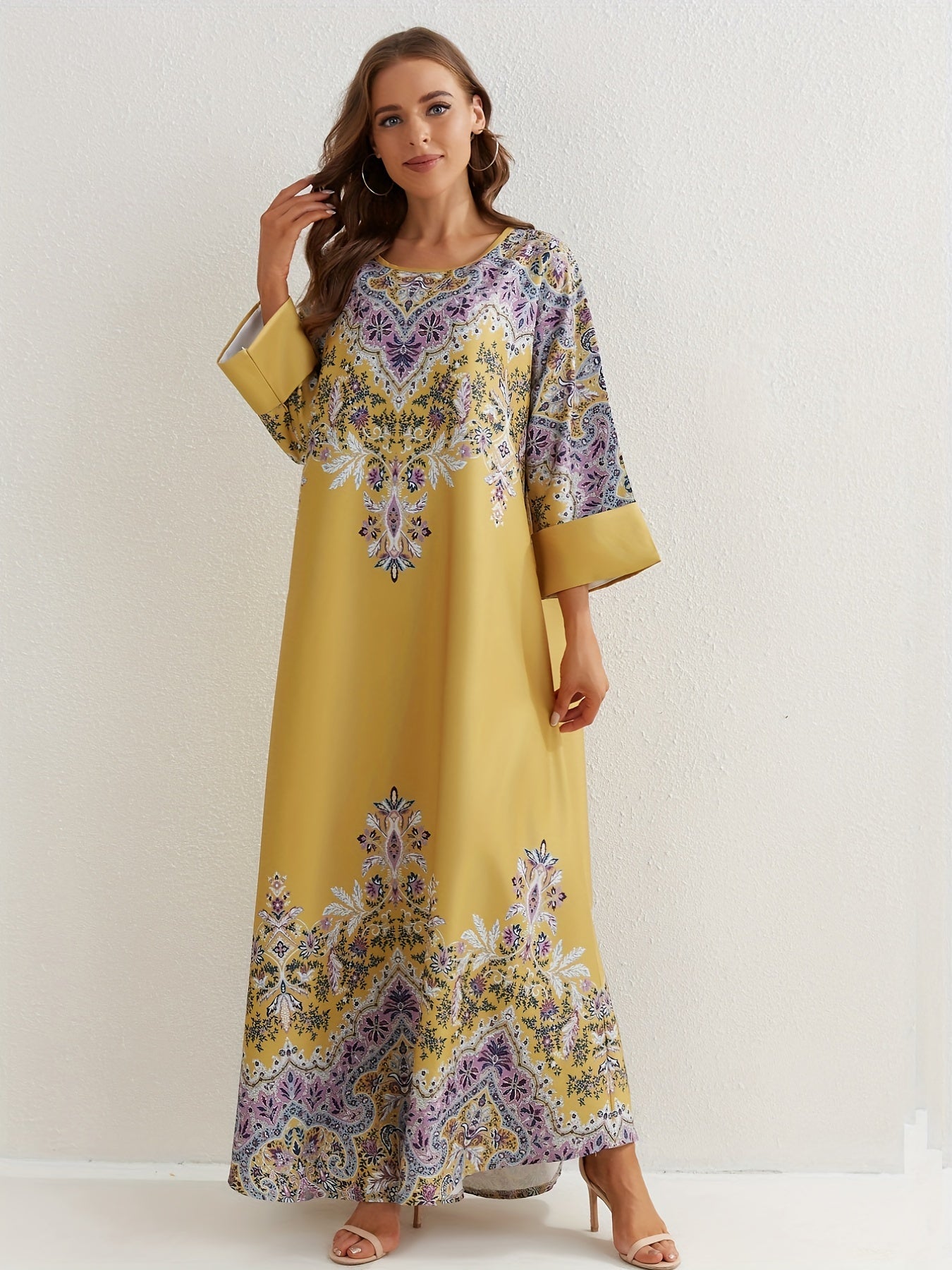 Floral Print Abaya Dress Women's Round Neck Loose Maxi Jalabiya