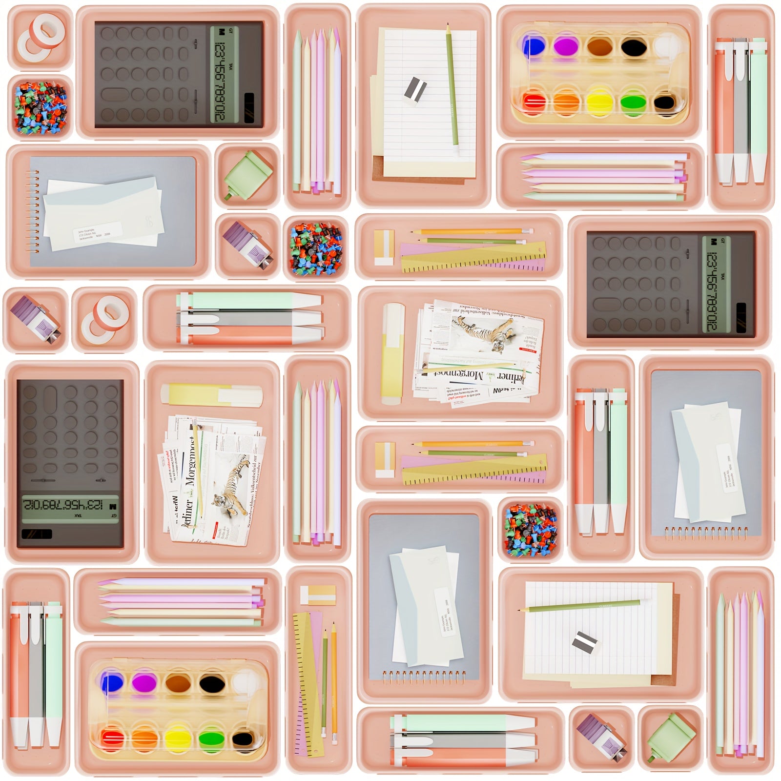 45PCS Plastic Pink Drawer Organizer Tray Divider Set for Makeup & Office Utensil