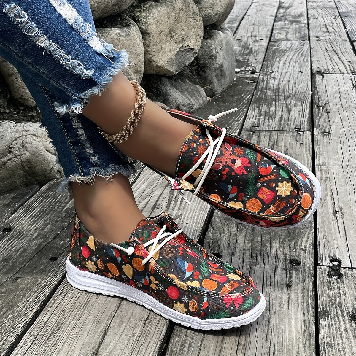 Christmas Elements Colorful Low Top Sneakers Lightweight Non slip Shoes