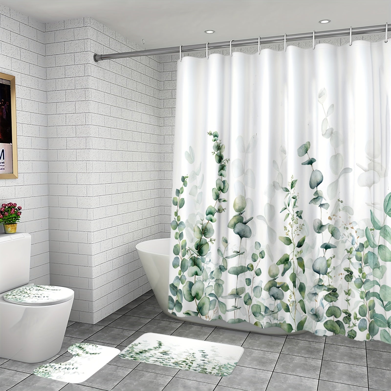 Watercolor Plant Shower Curtain Set Bathroom Decor 12 Hooks