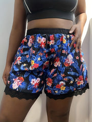 Plus Tropical Print Lace Elastic Stretch Shorts