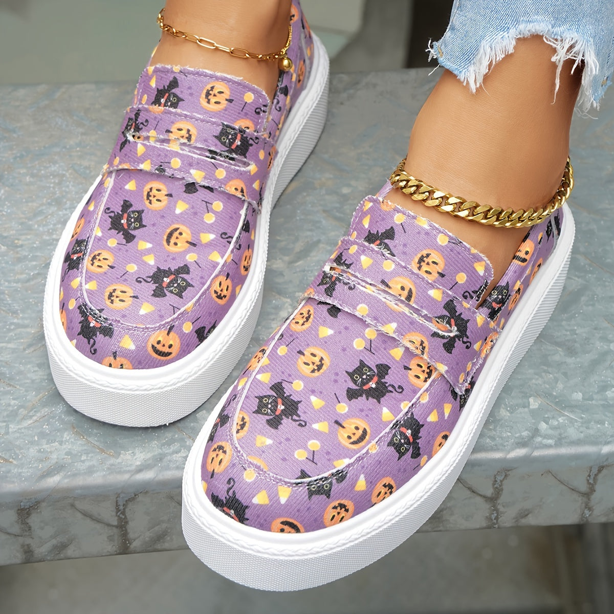 Women's Pumpkin & Cat Print Sneakers Halloween Canvas Shoes