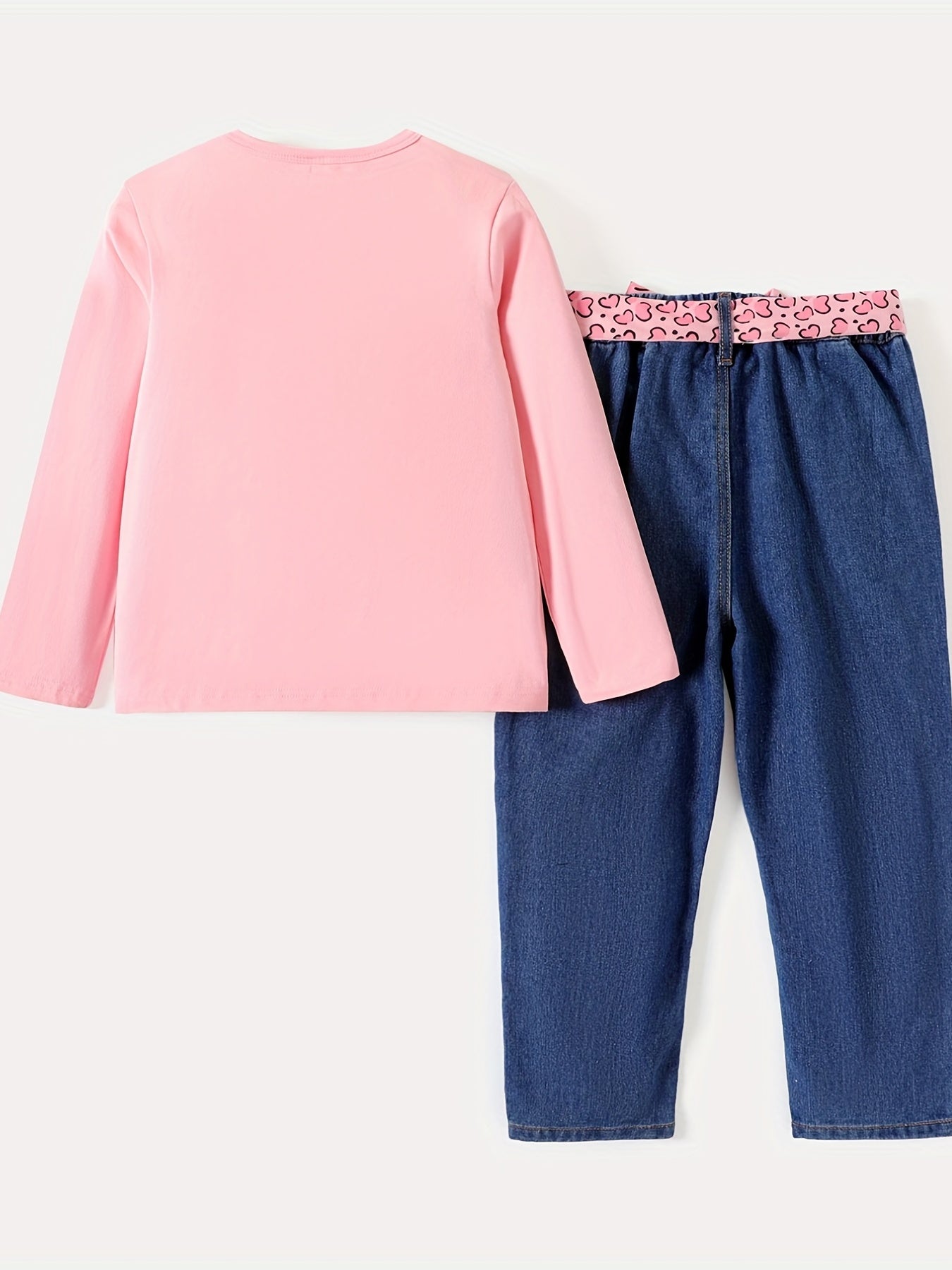 3pc Kid Girl Figure Print Long Sleeve Tee & Belted Ripped Denim Jeans Set
