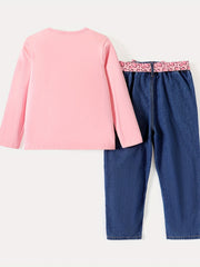 3pc Kid Girl Figure Print Long Sleeve Tee & Belted Ripped Denim Jeans Set