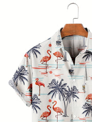 Hawaiian Coconut Tree & Flamingo Print Men's Casual Short Sleeve Shirt