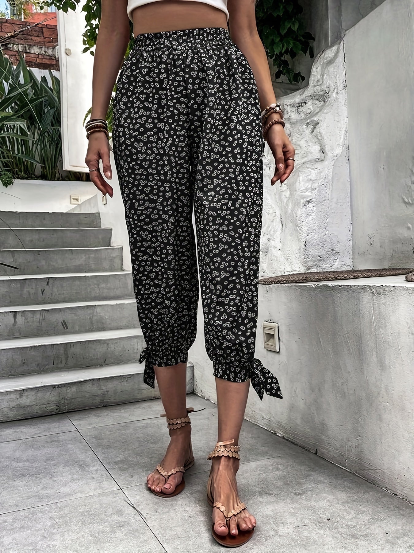 Floral Print Split Capris Pants Casual Knot Elastic Pants For Spring & Summer