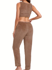 Fuzzy Lounge Set Crew Neck Tank Top & Elastic Waistband Pants Women's Loungewear