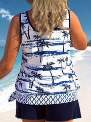 Coconut Tree Print Tankini Set - Knot Side Tank Top & Shorts S