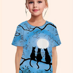 Moon Night Kitty Graphic T shirt Girls Casual Short Sleeve Tees